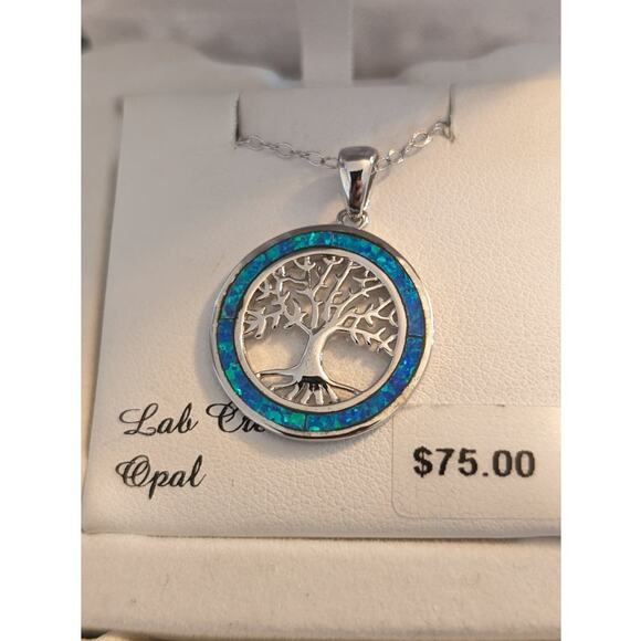 NWT Lab Created Opal Tree of Life Pendant Necklace on 925 Sterling 17" Chain - Picture 4 of 4
